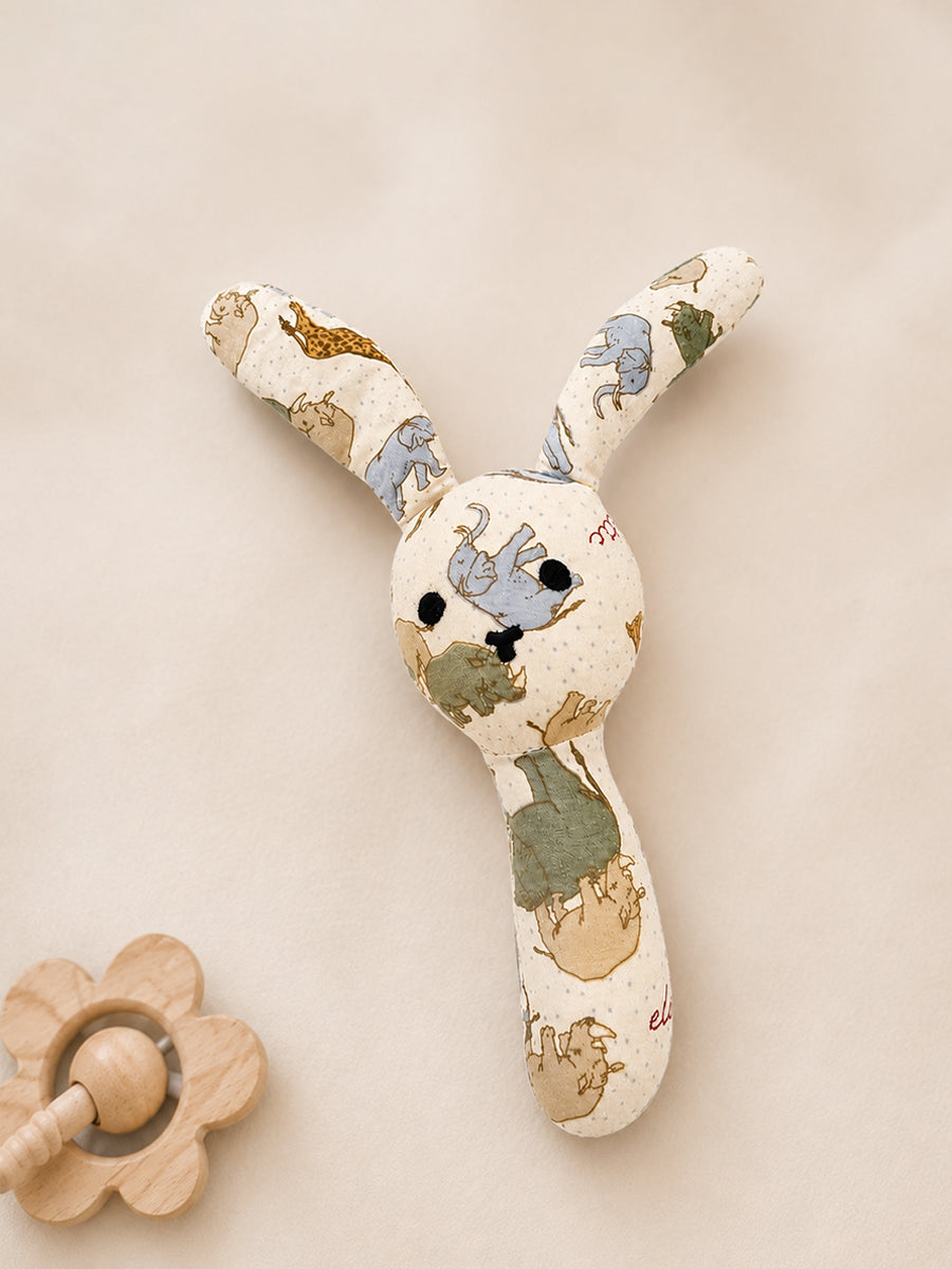 Ziva Baby Organic Cotton Bunny Hand Rattle – Cream | Safari Animal Print