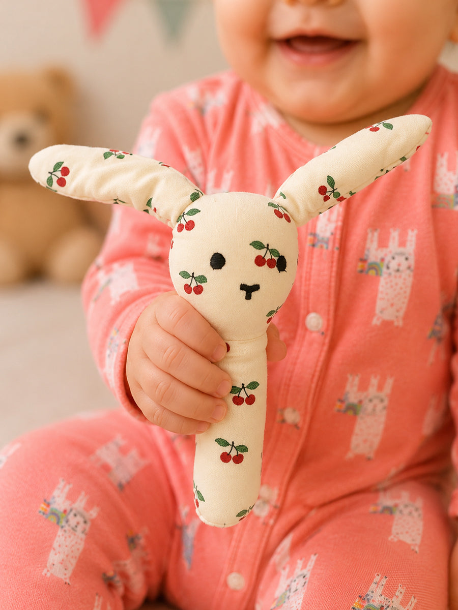 Ziva Baby Organic Cotton Bunny Hand Rattle – Cream | Cherry Fruit Print