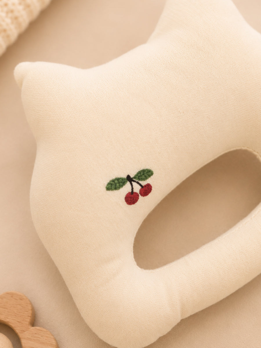 Ziva Baby Organic Cotton Cat Soft Toy Hand Rattle – Cream | Cherry Print