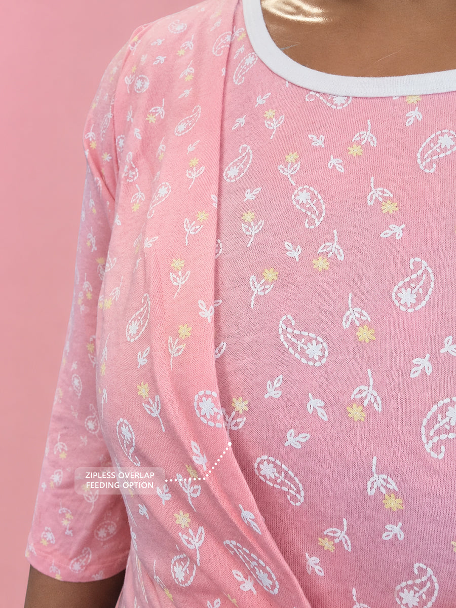 Ziva Blush Paisley Bloom Print Knitted Cotton Maternity & Feeding Zipless Dress with Concealed Side-Pull Nursing Access