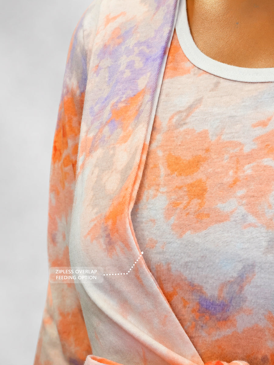 Ziva Watercolor Cloud Tie-Dye Print Knitted Cotton Maternity & Feeding Zipless Dress with Concealed Side-Pull Nursing Access