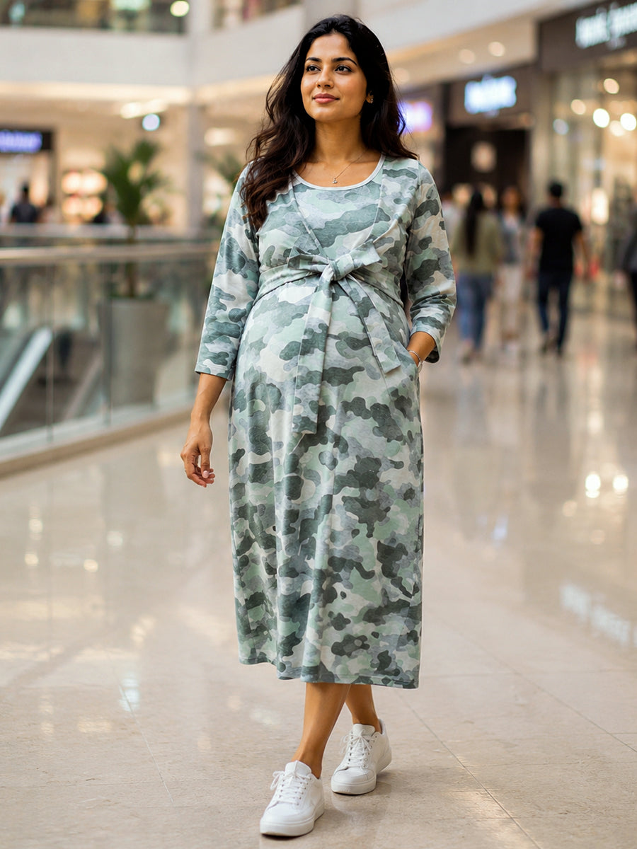 Ziva Camouflage Print Knitted Cotton Maternity & Feeding Zipless Dress with Concealed Side-Pull Nursing Access