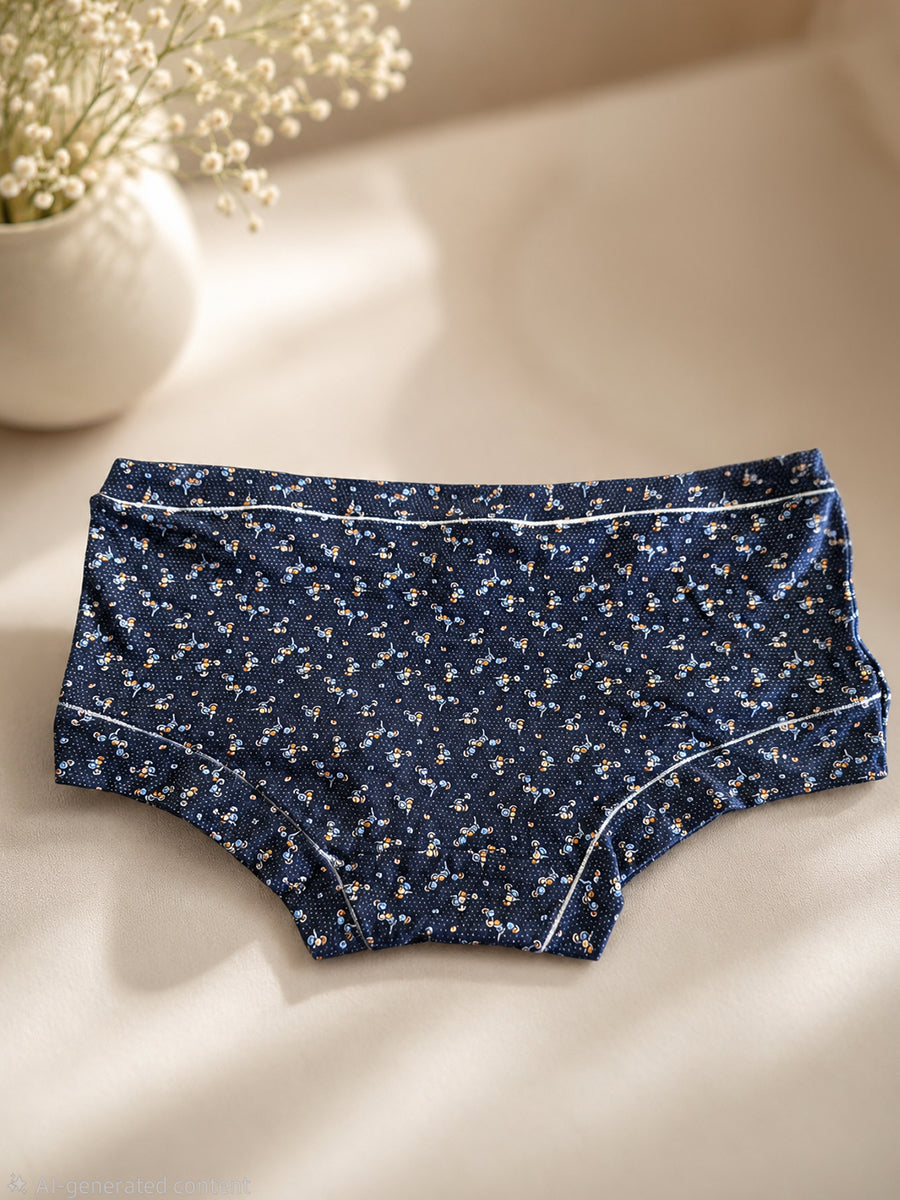 Ziva Maternity Low Waist Shorty Panty – Premium Soft Viscose | Midnight Ditsy Bloom Print | Deep Navy Blue