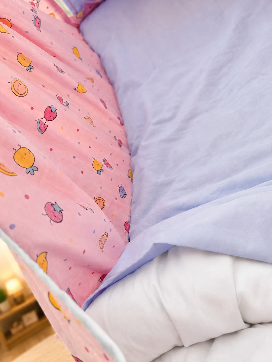 Ziva Multipurpose Cotton Baby Cradle with Bed & Convertible Swing Chair – Baby Pink Cartoon Fruit Print