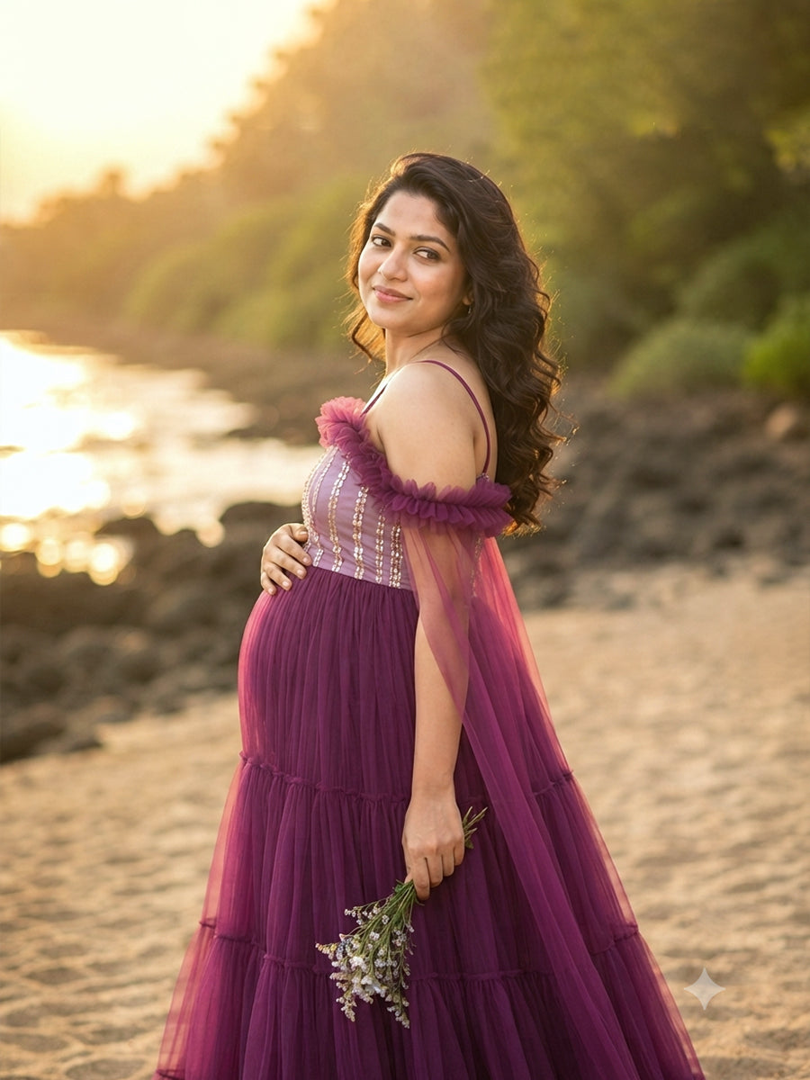 Ziva Maternity Photoshoot & Baby Shower Net Gown with Sequin Bodice & Flowing Cape Sleeves – Wine
