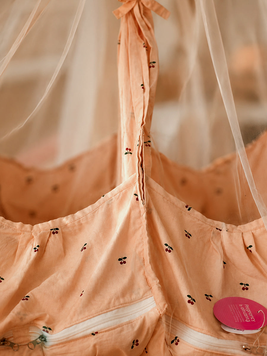 Ziva Exclusive Twin Organic Cotton Cradle with Bed & Convertible Swing Chair – Peach Brown Cherry Print