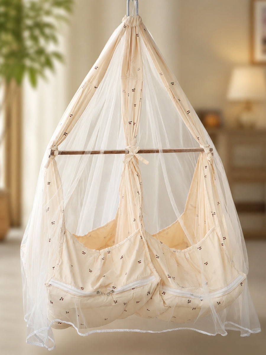 Ziva Exclusive Twin Organic Cradle with Bed & Convertible Swing Chair – Cream Cherry Print