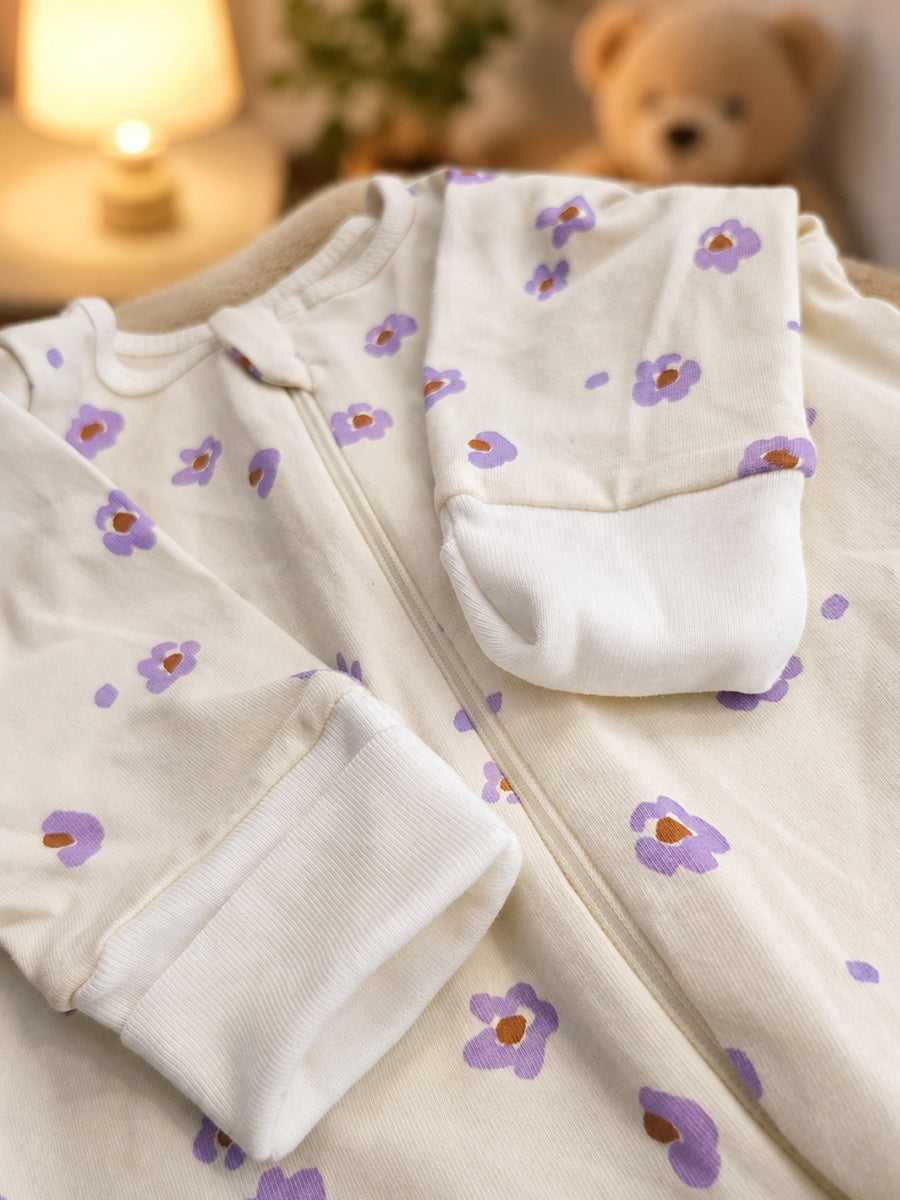 Ziva Baby Sleepsuit with Cap – Knitted Cotton Front Zip, Fold-Over Mittens & Integrated Booties | Lavender Blossom Print