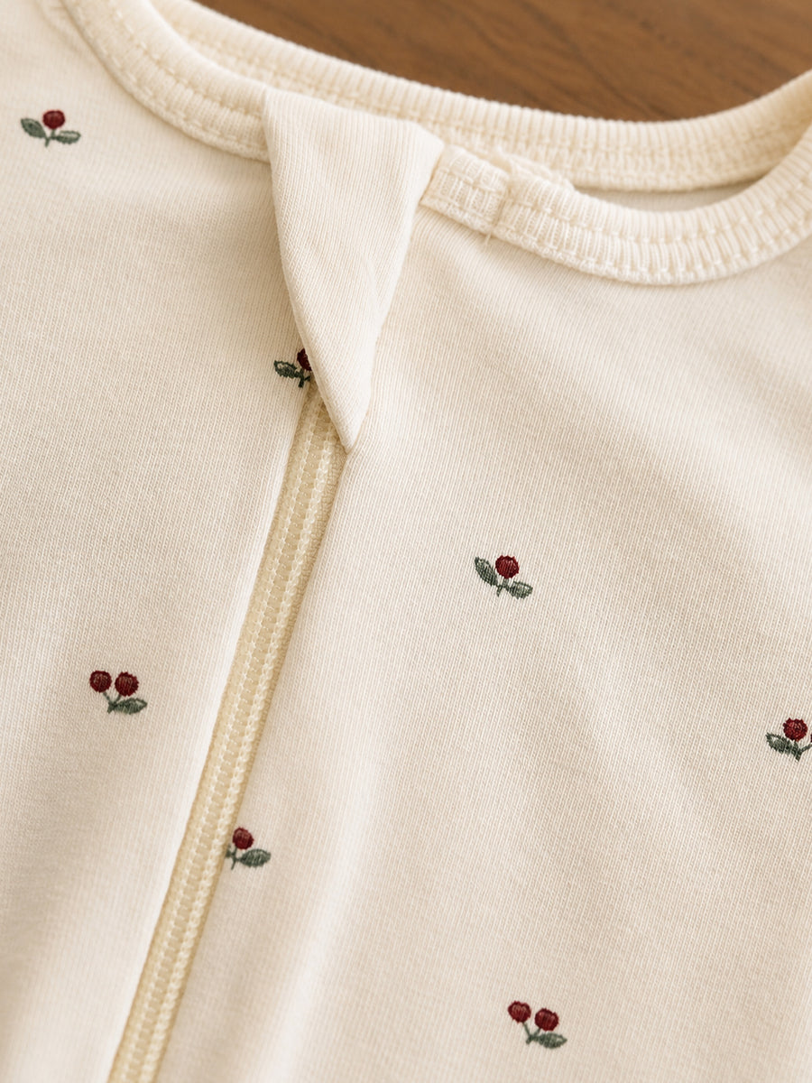 Ziva Baby Sleepsuit with Cap – Knitted Cotton Front Zip, Fold-Over Mittens & Integrated Booties | Mini Cherry Print