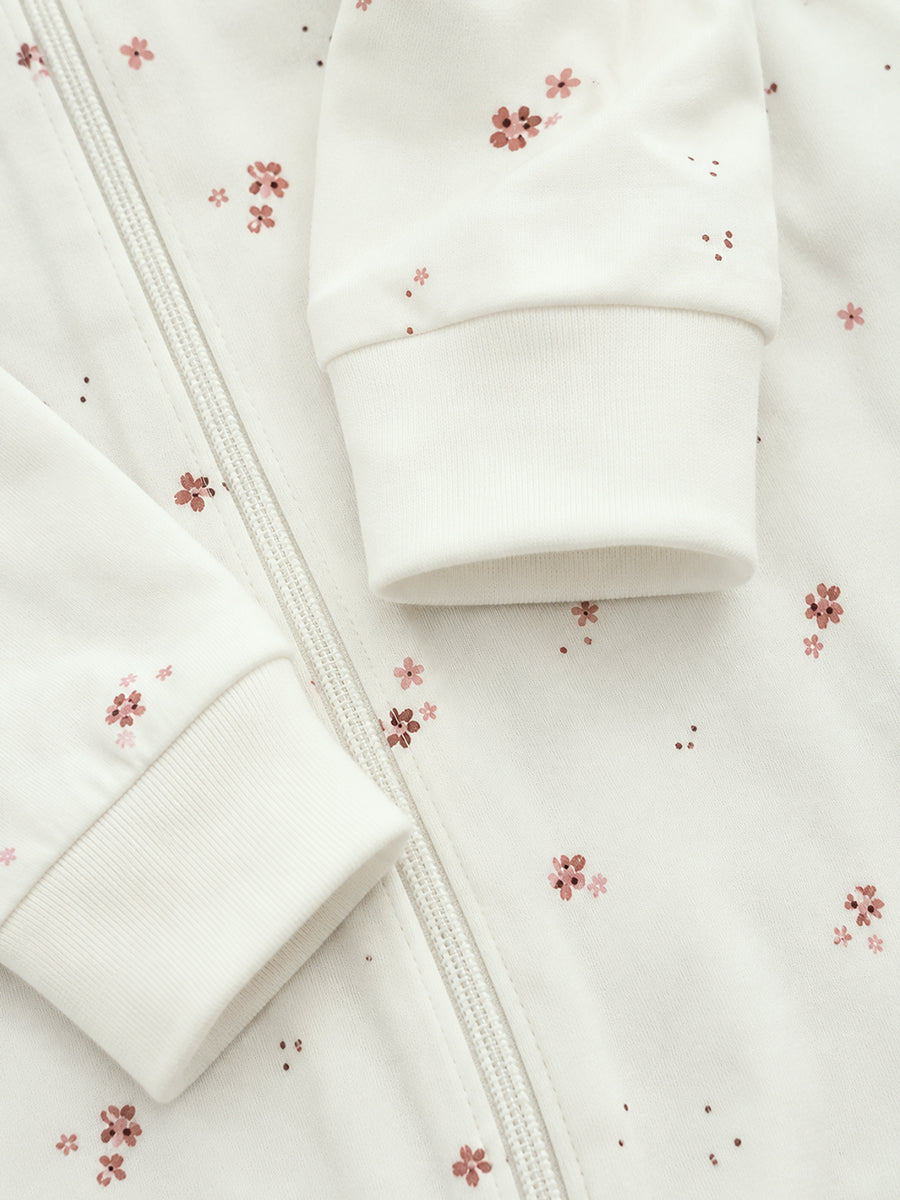 Ziva Baby Sleepsuit with Cap – Knitted Cotton Front Zip, Fold-Over Mittens & Integrated Booties | Blush Petal Floral Print