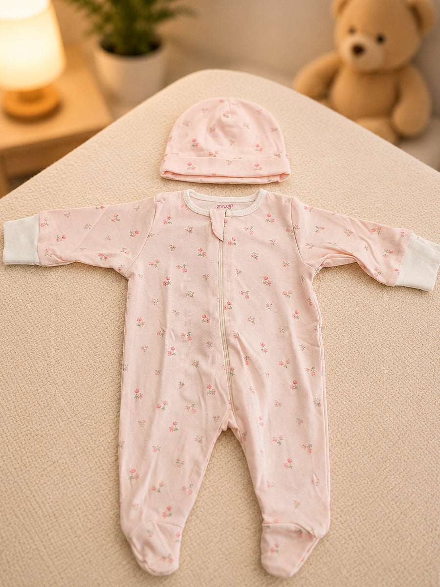 Ziva Baby Sleepsuit with Cap – Knitted Cotton Front Zip, Fold-Over Mittens & Integrated Booties | Soft Blush Pink | Blush Wildflower Print