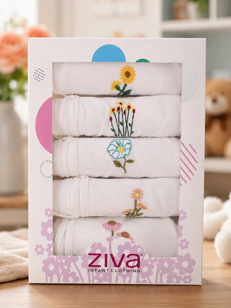Ziva Premium Cotton Embroidery Jabla – Front Tie Newborn Baby Wear | Floral Design | 5 Pieces