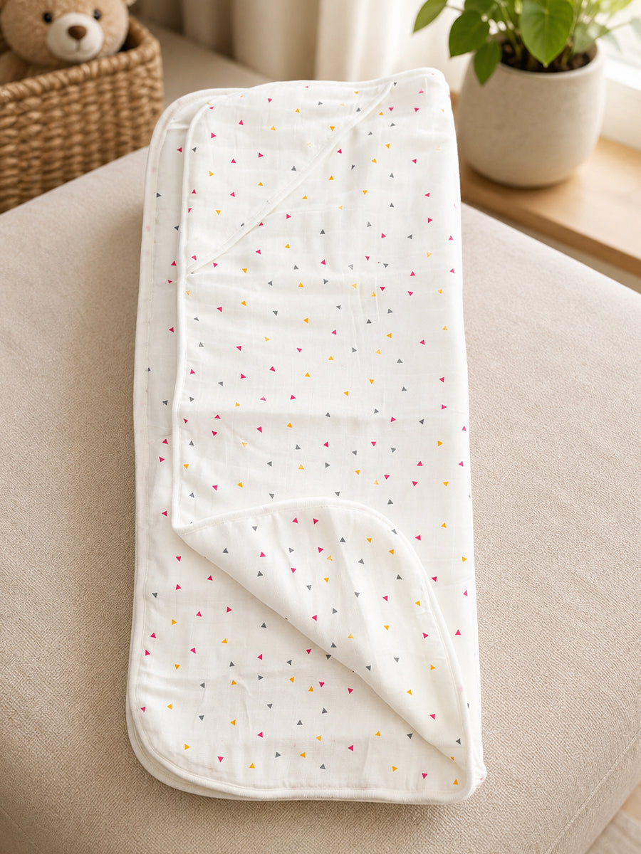 Ziva Premium Muslin Hooded Towel – Double Layer Muslin with Soft Fleece Core | Playful Triangles Print