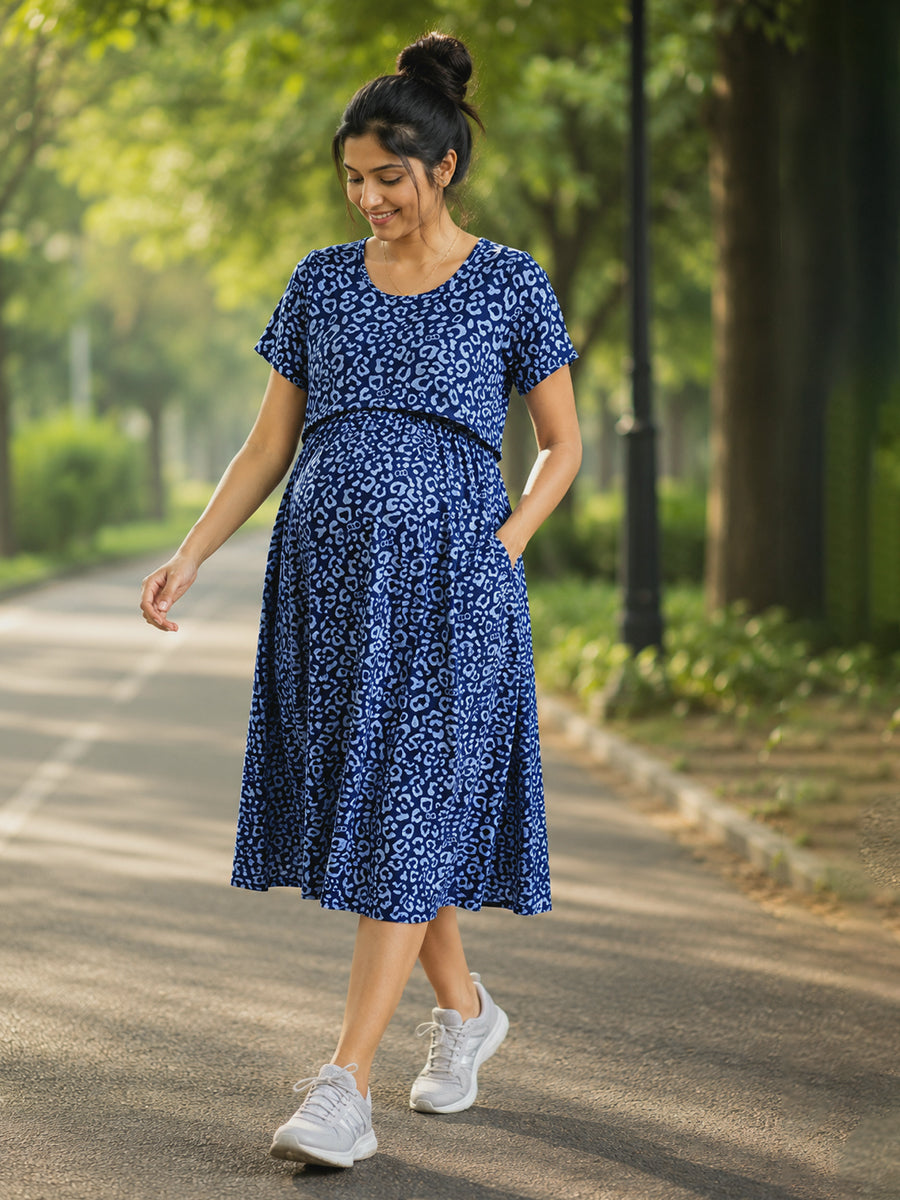 Ziva Zipless Maternity & Feeding Knitted Dress with Adjustable Tie & Side Pocket – Dark Blue Leopard Print