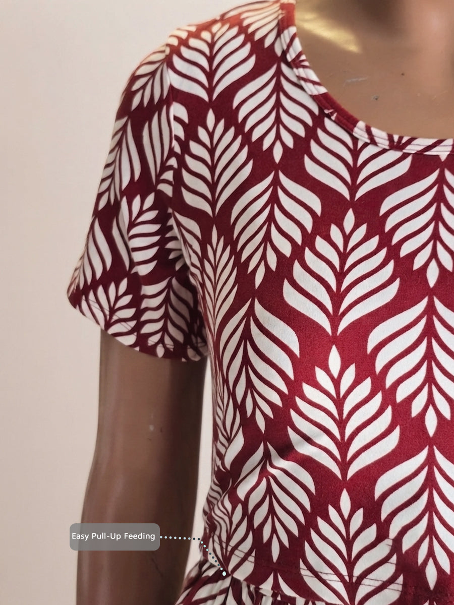 Ziva Zipless Maternity & Feeding Knitted Dress with Adjustable Tie & Side Pocket – Maroon Botanical Leaf Print