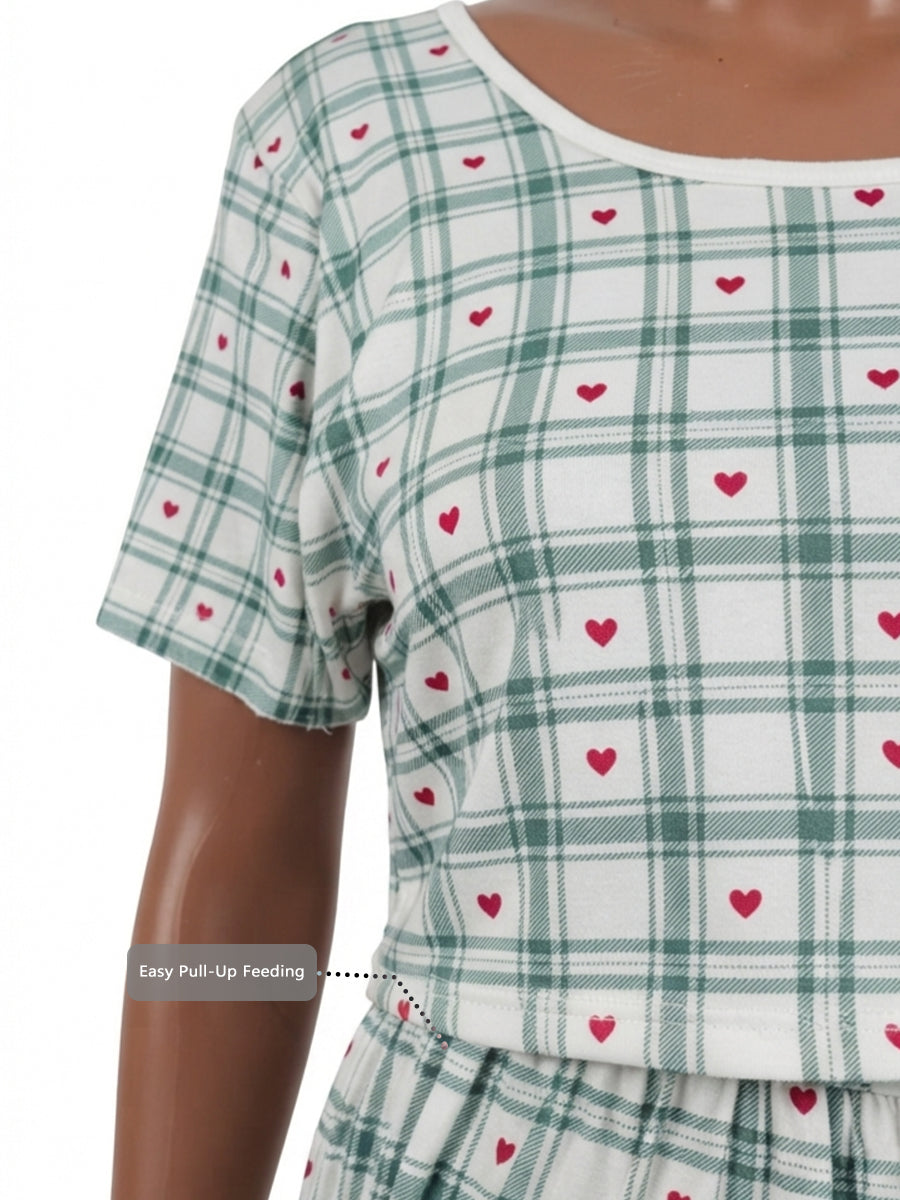 Ziva Zipless Maternity & Feeding Knitted Dress with Adjustable Tie & Side Pocket – Tiny Hearts Windowpane Print
