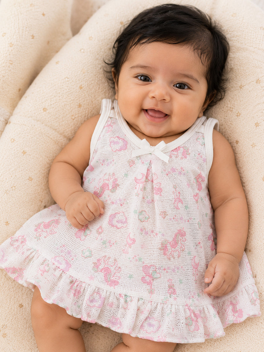 Ziva Premium Knitted Cotton Baby Frock – Breathable Mesh Fabric with Adjustable Shoulder Tie | Assorted Prints | 3 Pieces