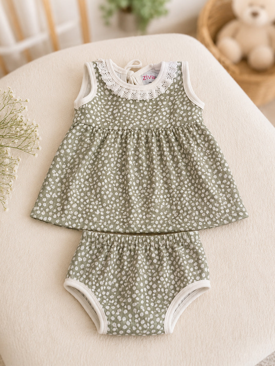 Ziva Knitted Cotton Baby Frock with Pantie Set | Lace Neck Detail & Adjustable Back Tie | Snowflake Dot Print