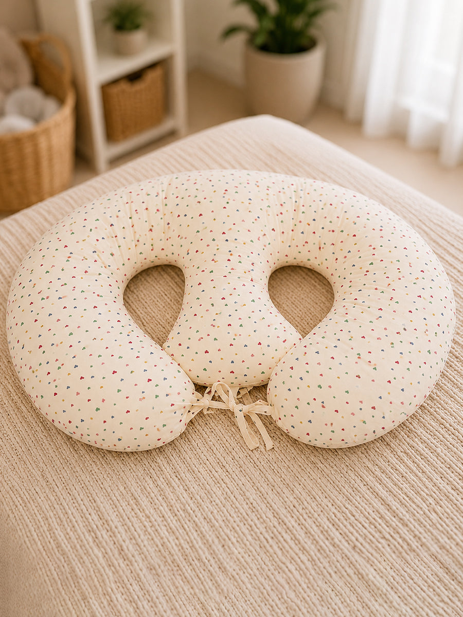 Ziva Multipurpose Twin Feeding Pillow – Organic Cotton with Back Support & Adjustable Tie | Multicolour Mini Hearts Print