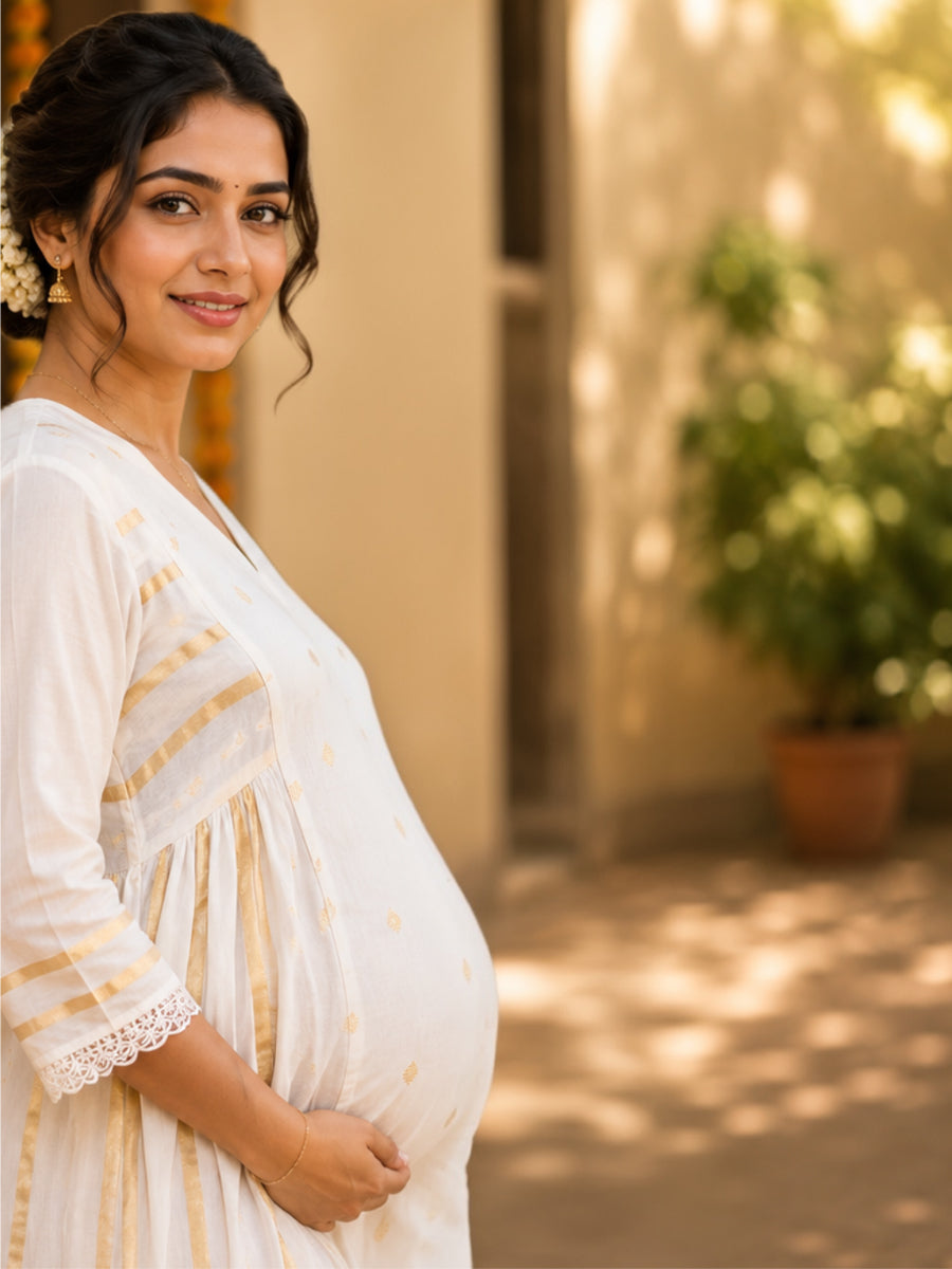 Ziva Onam Maternity & Feeding Dress | Onakodi | Light Cream Handloom Cotton with Gold Stripes | Invisible Feeding Zips & Side Pocket