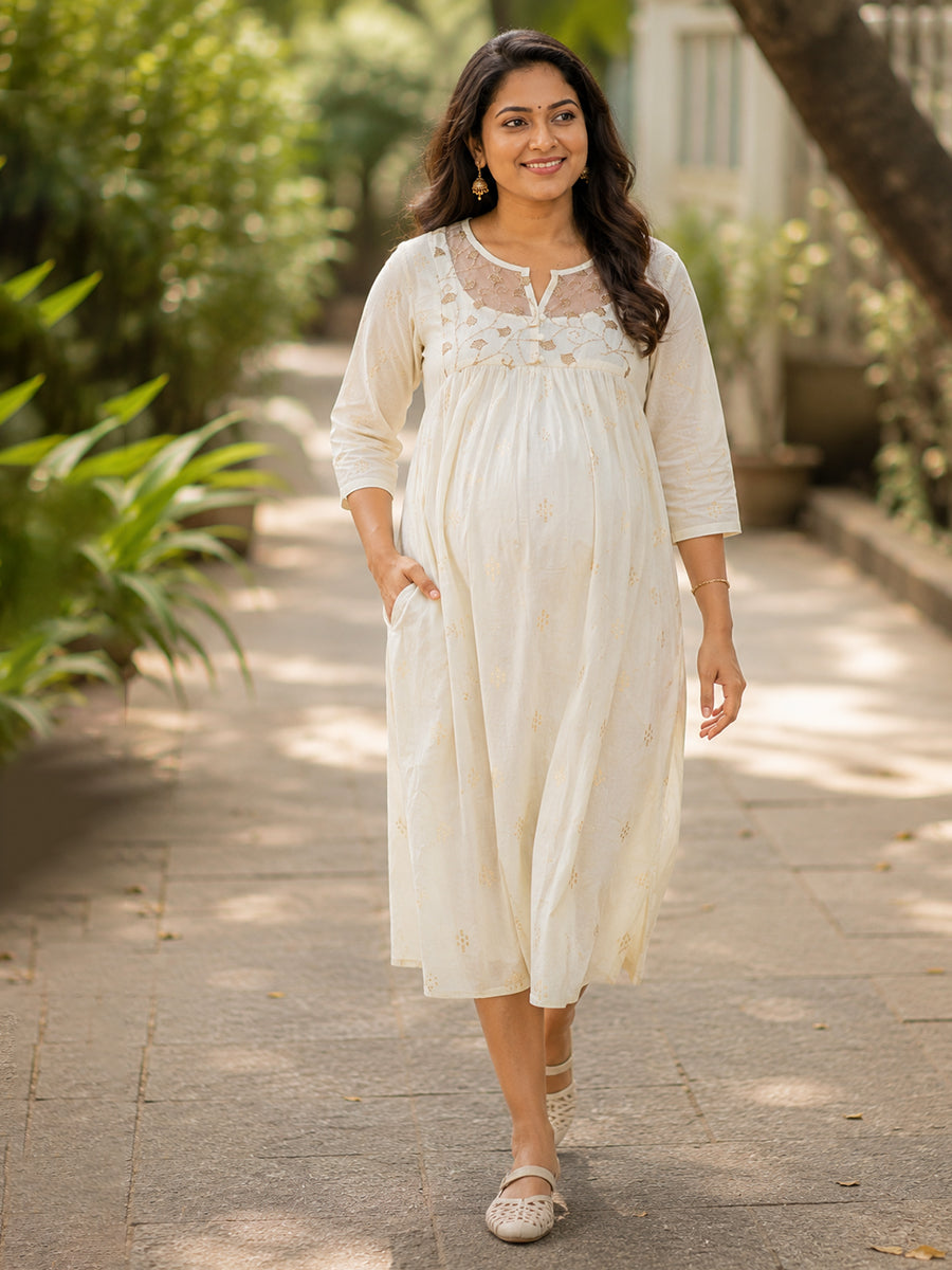Ziva Onam Maternity & Feeding Dress | Onakodi | Light Cream Handloom Cotton with Designer Net Yoke | Invisible Feeding Zips & Side Pocket