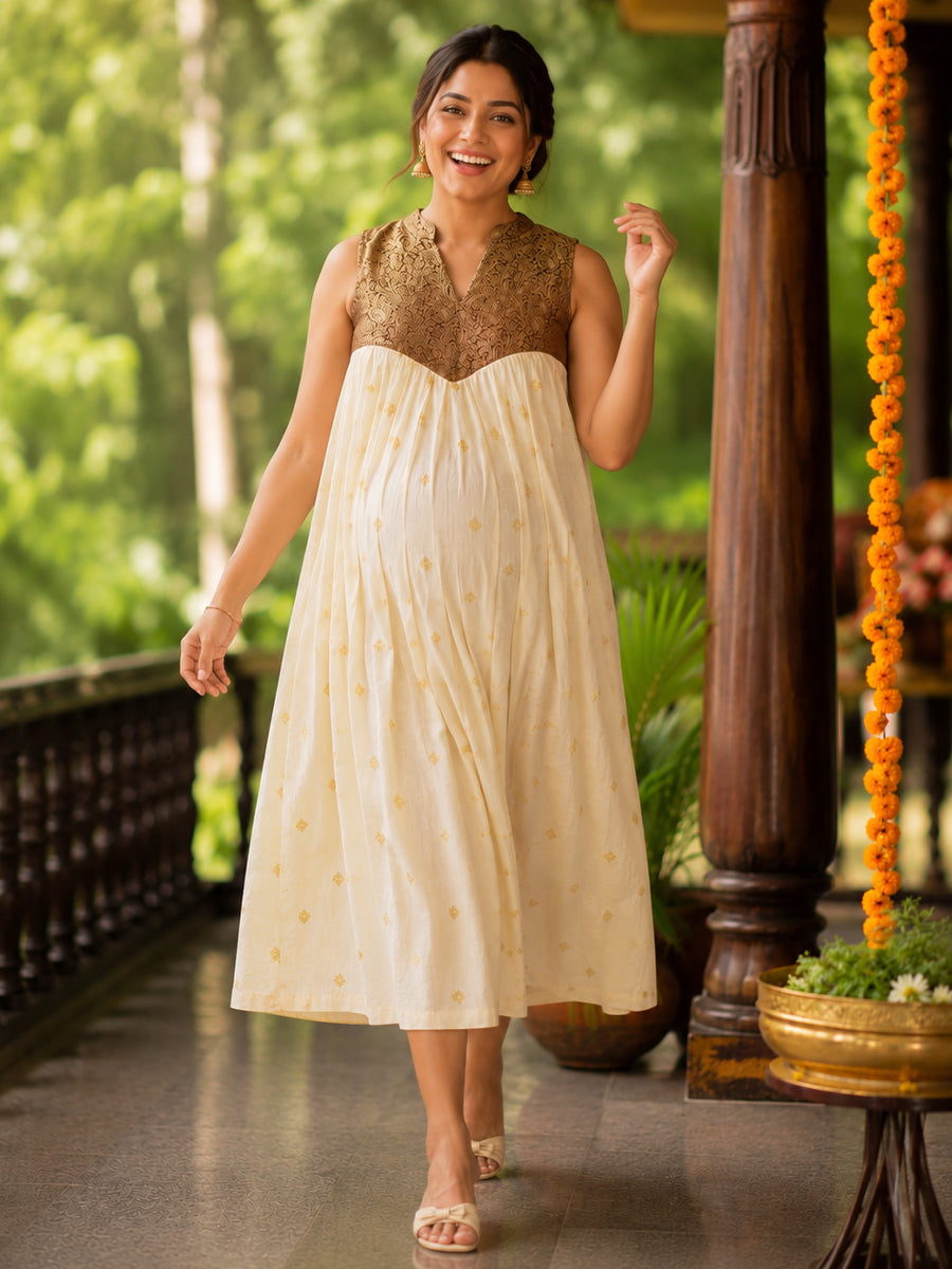Ziva Onam Maternity & Feeding Sleeveless Dress | Onakodi | Light Cream Handloom Cotton with Caramel Brown Banarasi Yoke | Hidden Feeding Zips & Side Pocket
