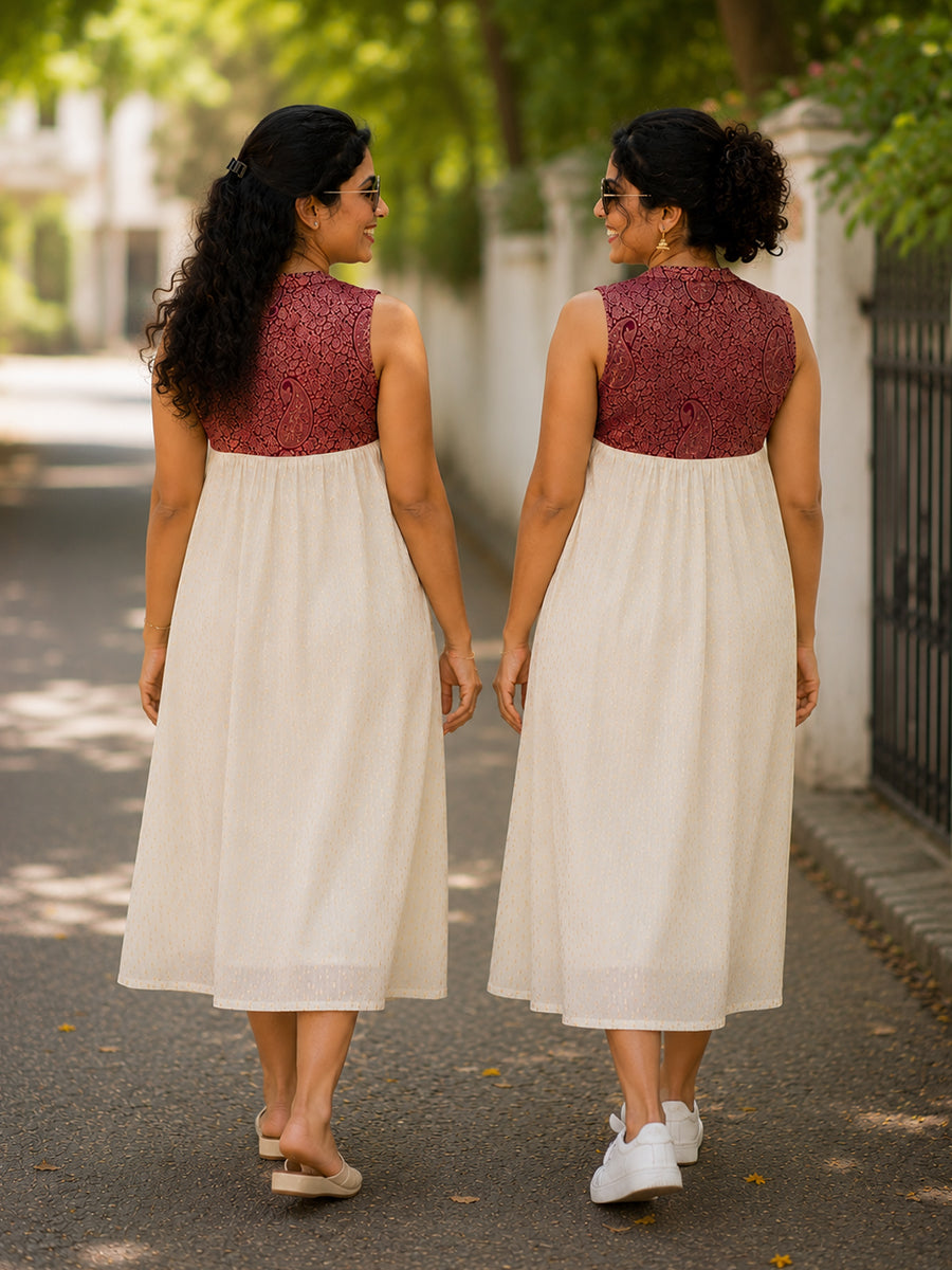 Ziva Onam Maternity & Feeding Sleeveless Dress | Onakodi | Light Cream Handloom Cotton with Burgundy Banarasi Yoke | Hidden Feeding Zips & Side Pocket
