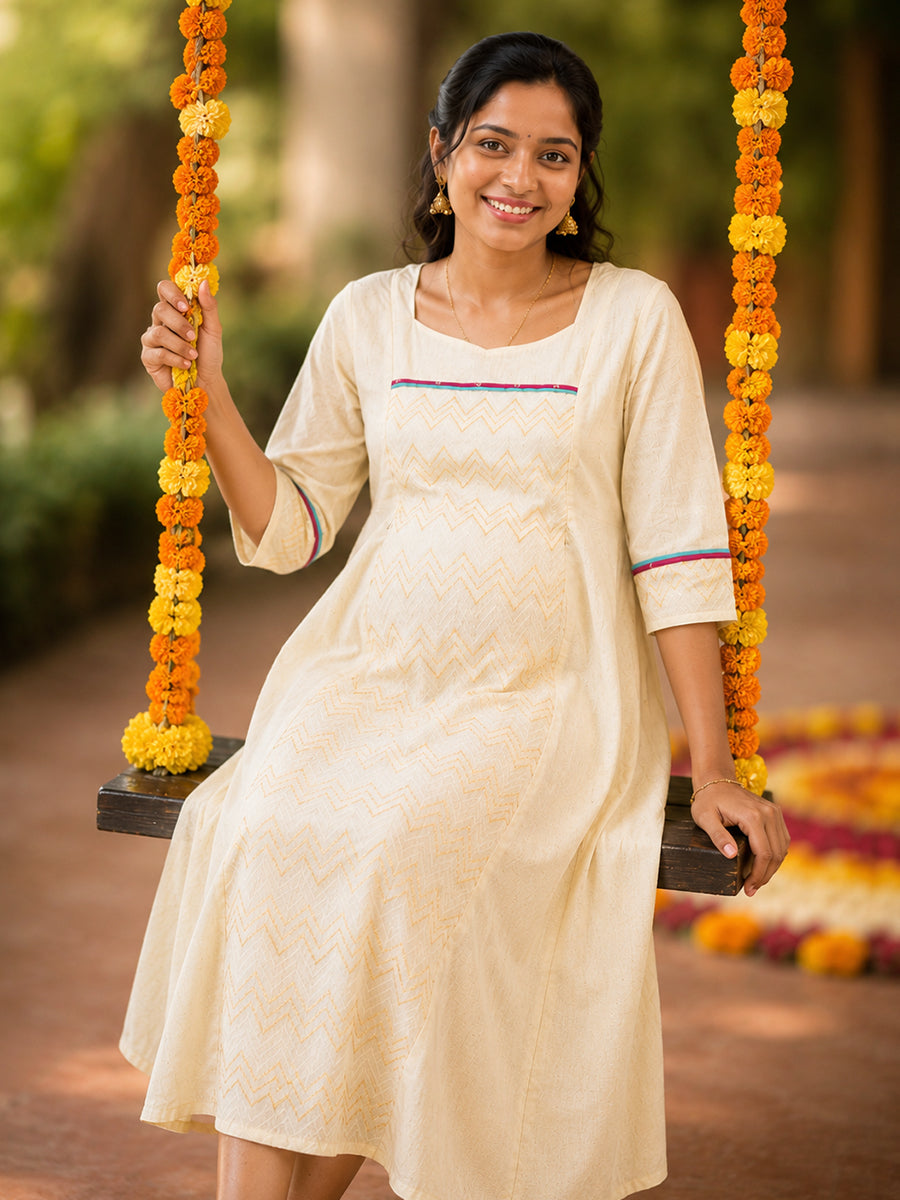 Ziva Onam Maternity & Feeding Dress | Onakodi | Light Cream Cotton | Square Neck | Invisible Feeding Zips & Side Pocket