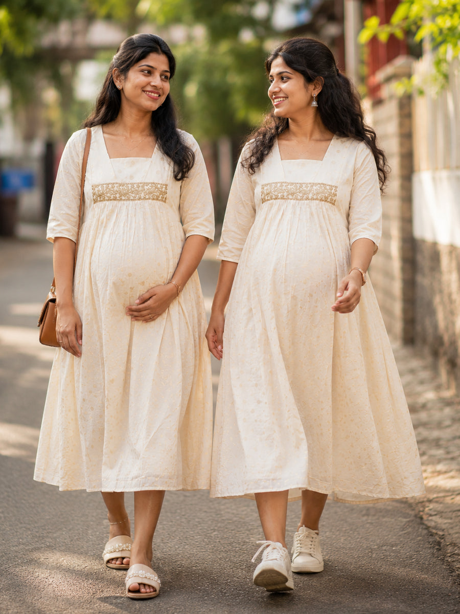 Ziva Onam Maternity & Feeding Dress | Onakodi | Light Cream Gold Butta Textured Cotton | Invisible Feeding Zips & Side Pocket