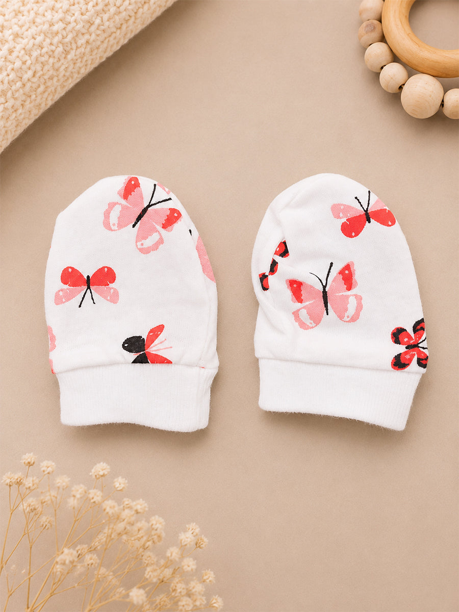 Ziva Baby Cap, Mitten & Bootie Set – Cute Butterfly Print | Knitted Cotton
