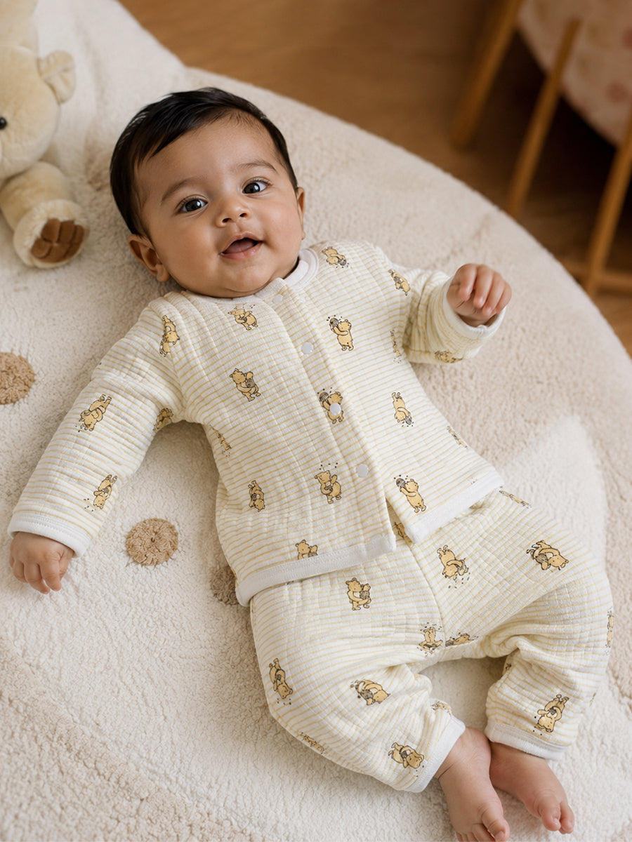 Ziva Premium Quilted Baby Sweater Top & Pant Set – Cute Bear Print | Soft & Warm