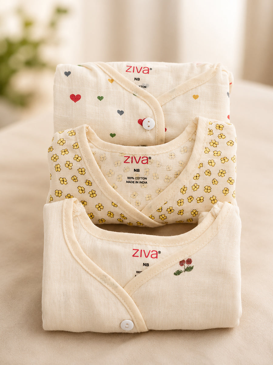 Ziva Premium Muslin Baby Jabla – Front Button | Pack of 3 Assorted Prints (Print Details: Check Product Description)
