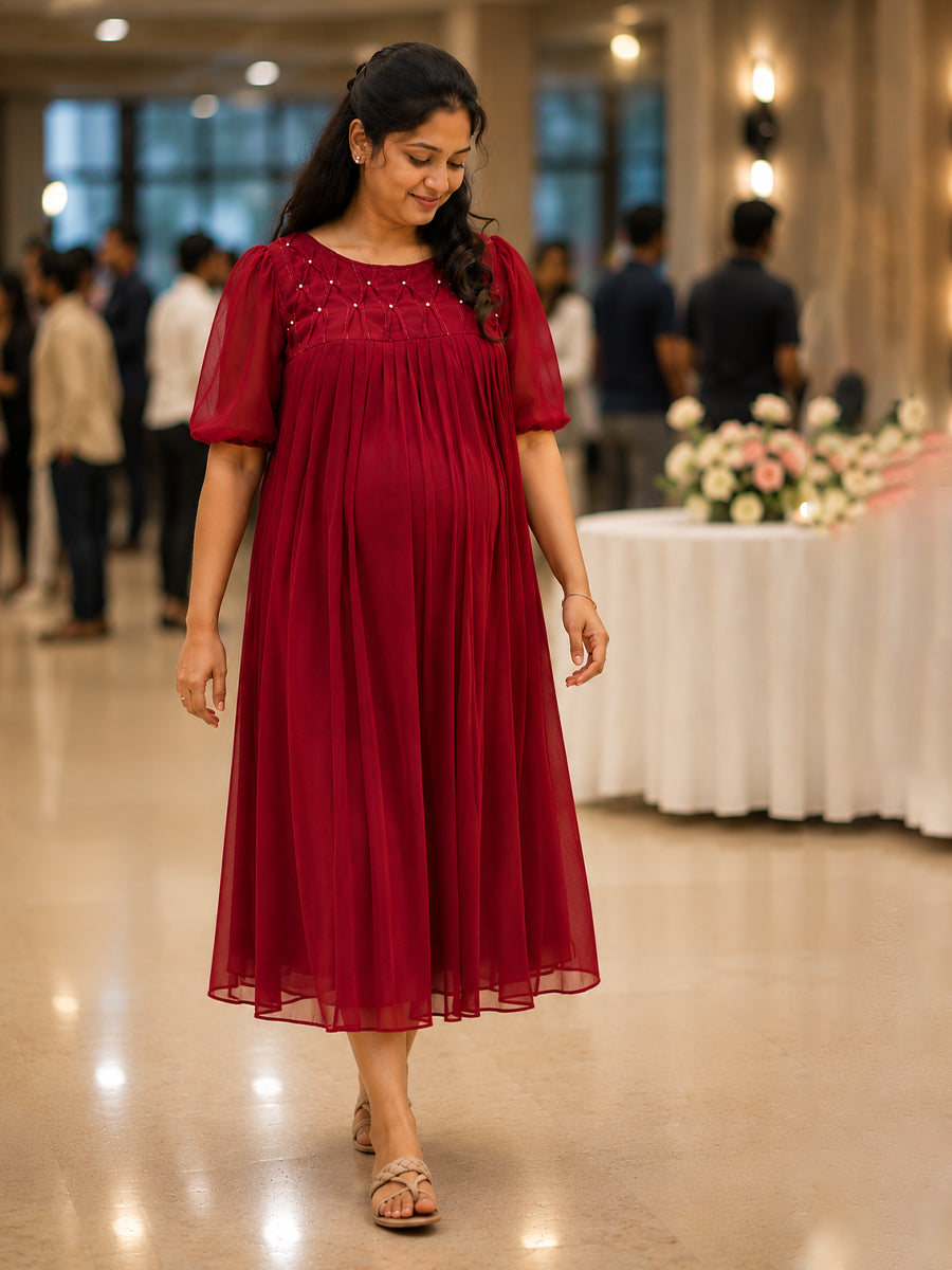 Ziva Maternity & Feeding Multipurpose Party Wear Dress – Dark Cherry Red | Concealed Feeding Zips