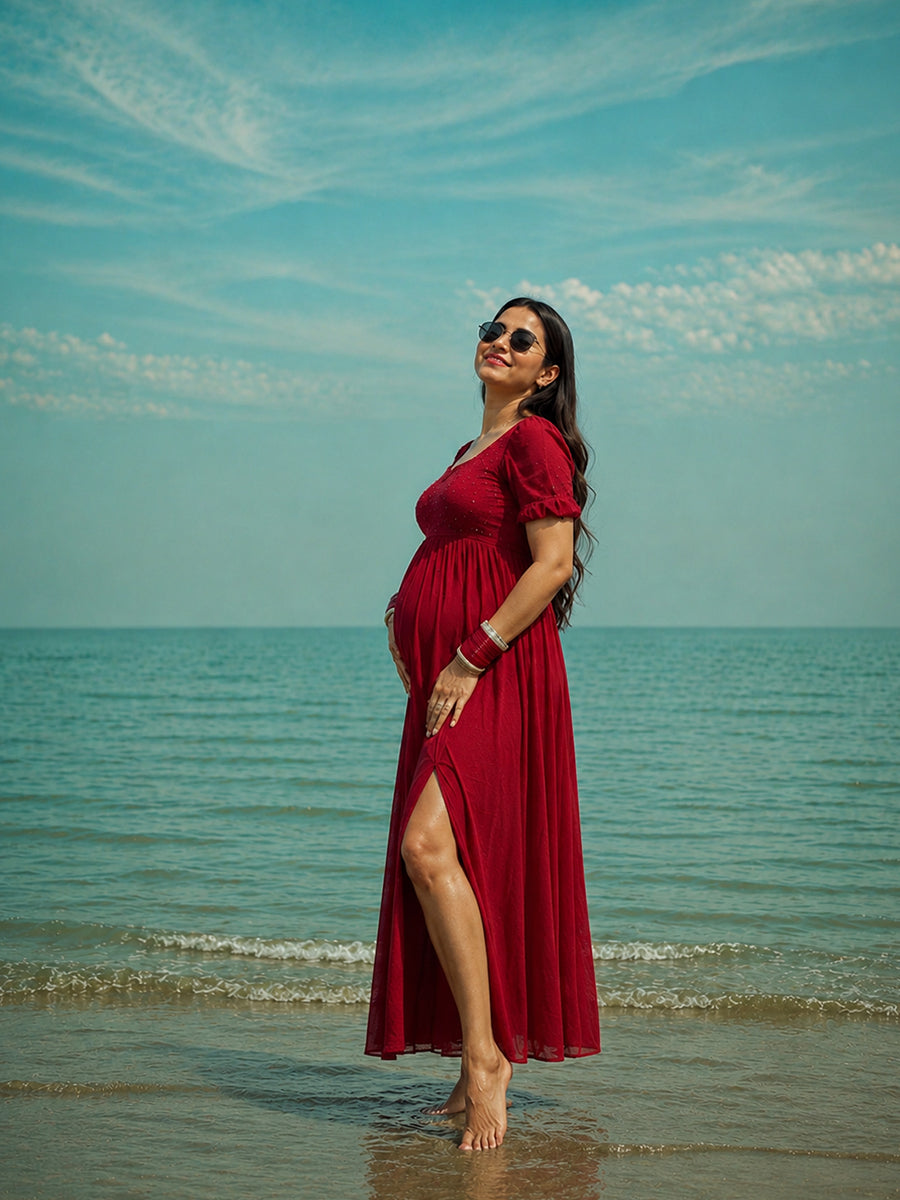 Ziva Cherry Red Multipurpose Maternity Photoshoot & Baby Shower Gown | Full-Length Gown