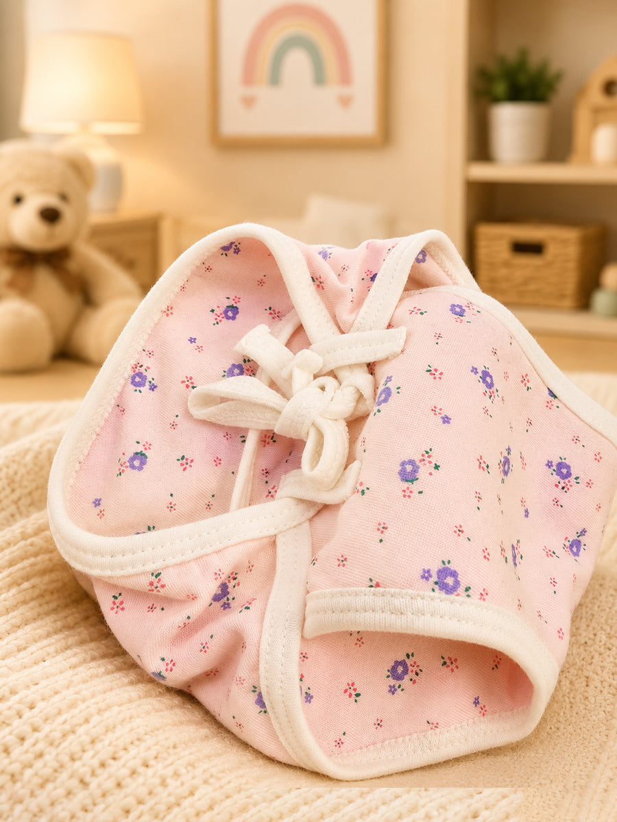 Ziva 3 Piece Nappy – Baby Girl | Premium Adjustable Tie Nappy | Knitted Cotton | Lightly Padded Attached Insert | Assorted Pink & Off-White Prints (Print Details: Check Product Description)