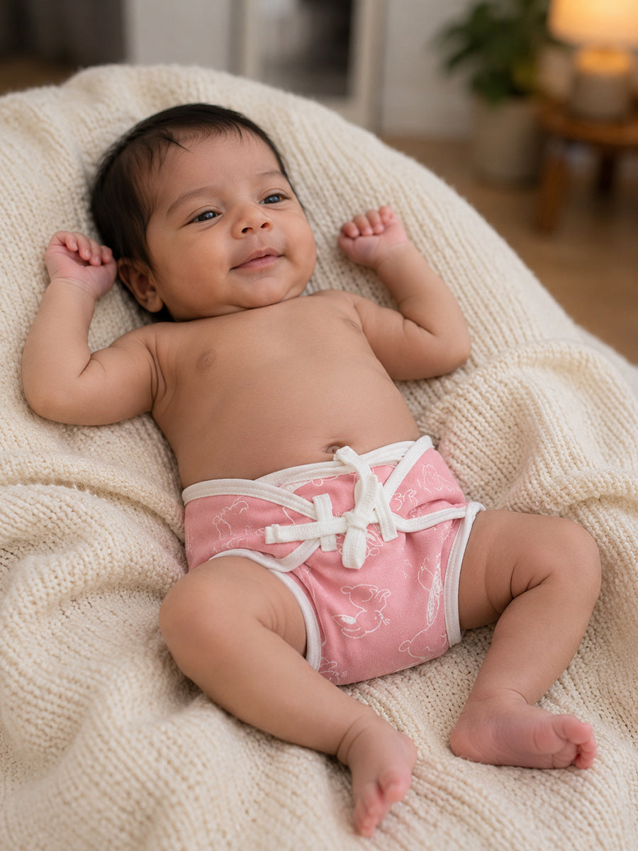 Ziva 3 Piece Nappy – Baby Girl | Adjustable Tie Nappy | Knitted Cotton | Lightly Padded Attached Insert | Assorted Pink Colors & Prints (Print Details: Check Product Description)