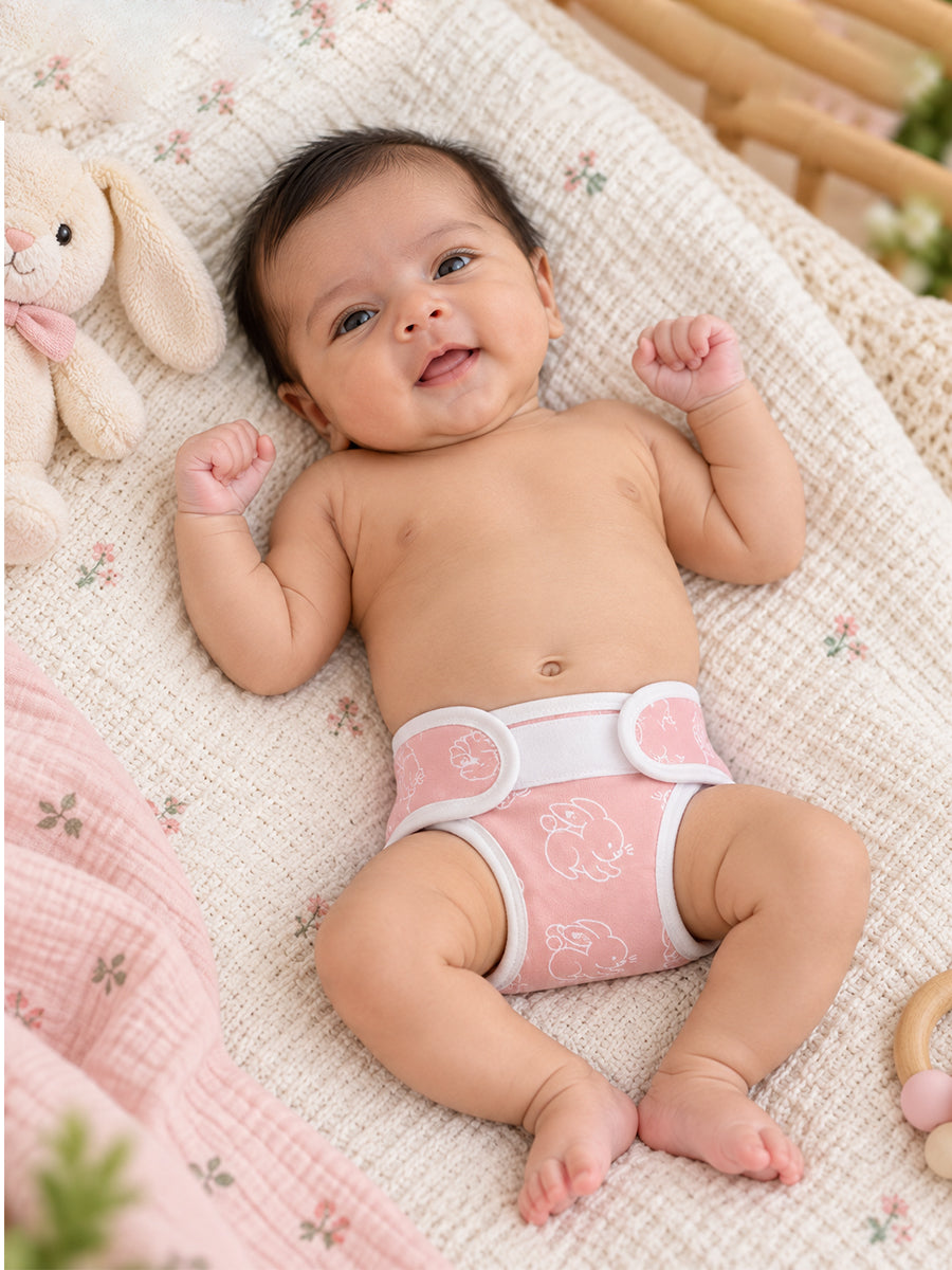 Ziva 3 Piece Velcro Nappy – Baby Girl | Premium Knitted Cotton | Lightly Padded Attached Insert | Assorted Off-White, White & Pink Prints