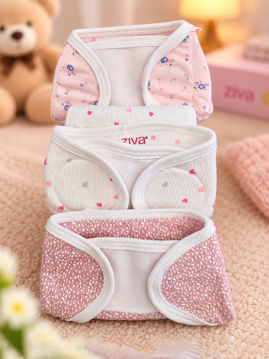 Ziva 3 Piece Velcro Nappy – Baby Girl | Premium Knitted Cotton | Lightly Padded Attached Insert | Assorted Pink & Off-White Prints
