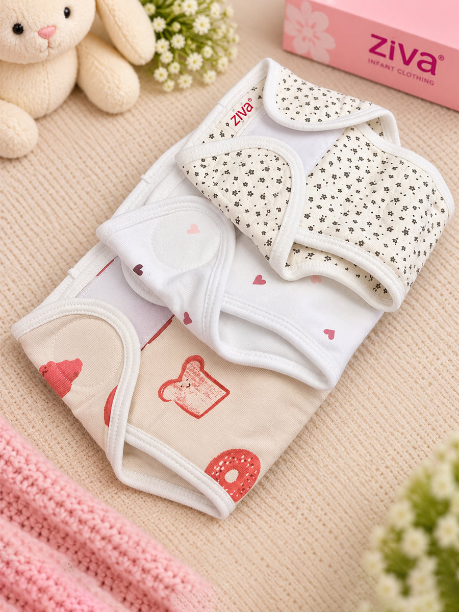 Ziva 3 Piece Velcro Nappy – Unisex | Premium Knitted Cotton | Lightly Padded Attached Insert | Assorted Beige, White & Off-White Prints