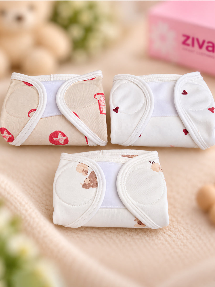 Ziva 3 Piece Velcro Nappy – Unisex | Premium Knitted Cotton | Lightly Padded Attached Insert | Assorted White, Off-White & Beige Prints