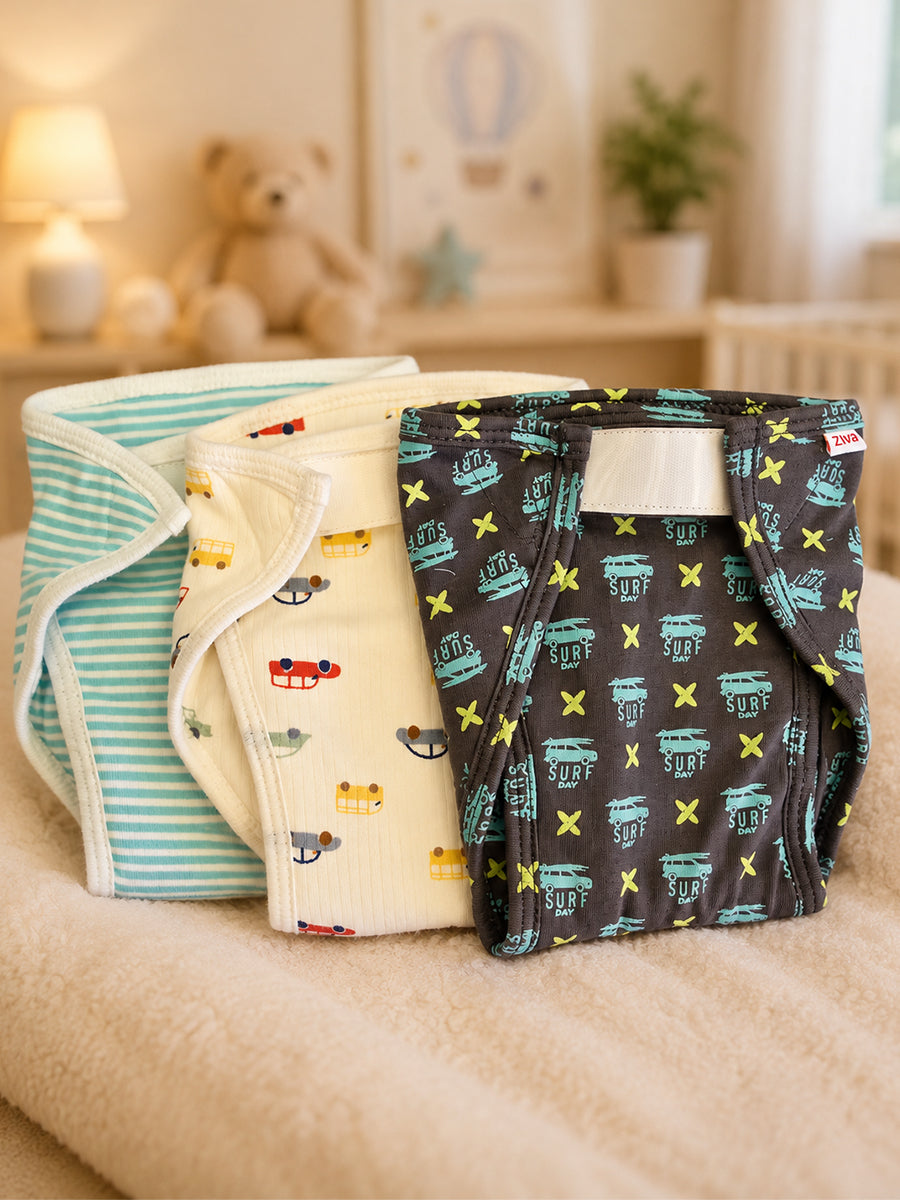 Ziva 3 Piece Velcro Nappy – Baby Boy | Premium Knitted Cotton | Lightly Padded Attached Insert | Assorted Blue, Charcoal & Off-White Prints