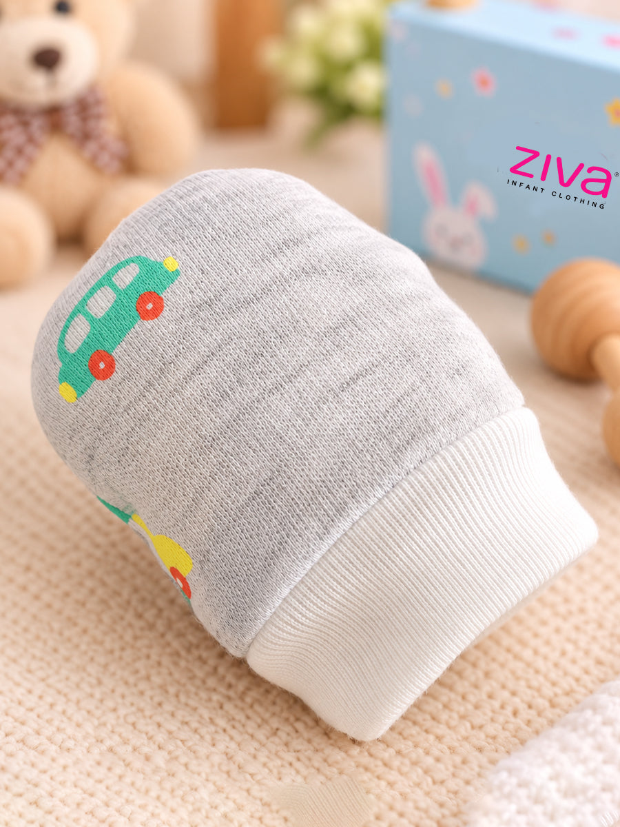 Ziva Premium Baby Mittens – Pack of 3 Pairs | Knitted Cotton | Assorted Baby Boy Prints (Print Details: Check Product Description)
