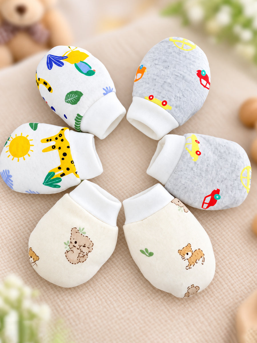 Ziva Premium Baby Mittens – Pack of 3 Pairs | Knitted Cotton | Assorted Baby Boy Prints – Vehicle, Giraffe & Teddy Theme (Print & Colour Details: Check Product Description)