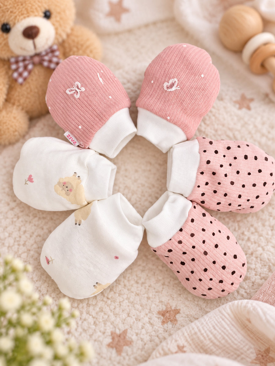 Ziva Premium Baby Mittens – Pack of 3 Pairs | Knitted Cotton | Assorted Baby Girl Prints – Bunny, Teddy & Polka Dot Theme (Print & Colour Details: Check Product Description)