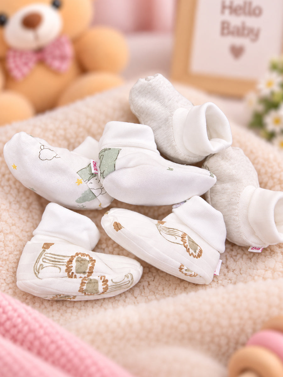 Ziva Premium Baby Booties – Pack of 3 Pairs | Knitted Cotton | Assorted Unisex Prints – Little Animal, Cloud-Star & Lion Theme(Print & Colour Details: Check Product Description)