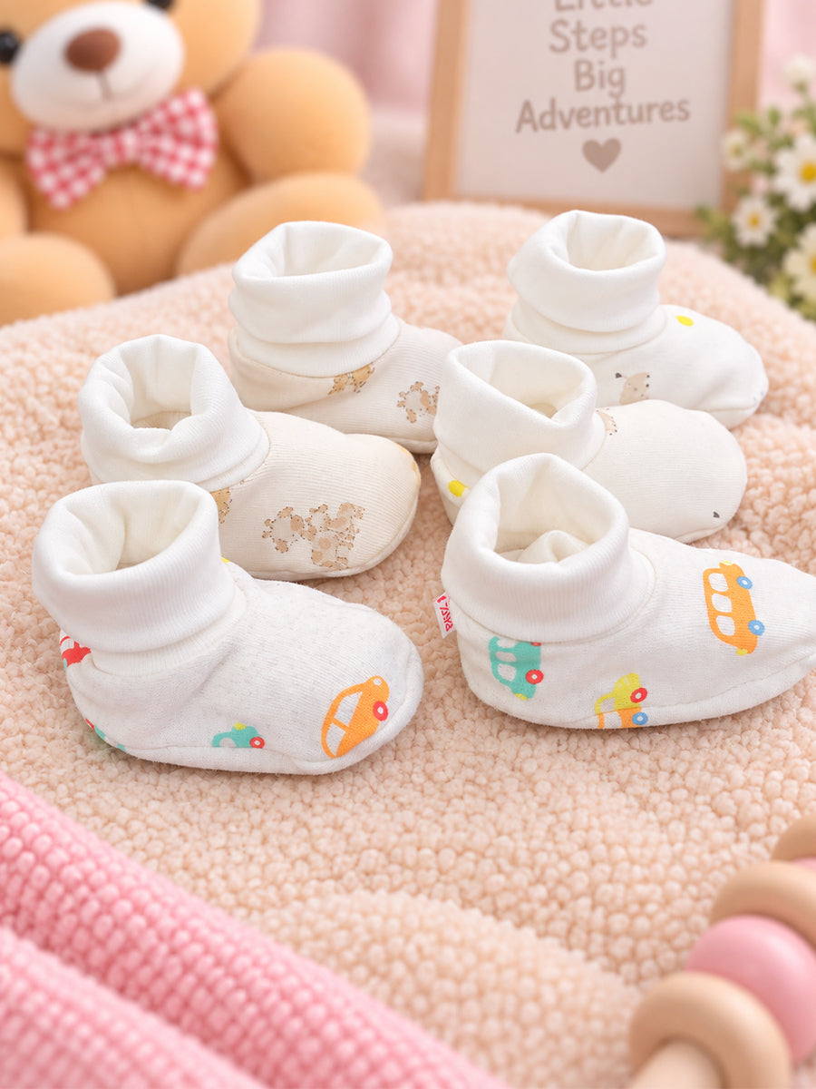 Ziva Premium Baby Booties – Pack of 3 Pairs | Knitted Cotton | Assorted Baby Boy Prints – Vehicle, Teddy & Minimal Character Theme (Print & Colour Details: Check Product Description)