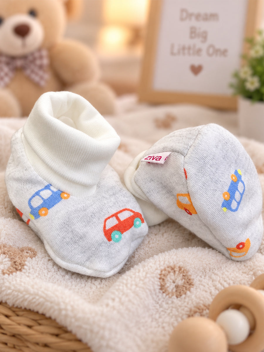 Ziva Premium Baby Booties – Pack of 3 Pairs | Knitted Cotton | Assorted Baby Boy Prints – Vehicle, Jungle & Minimal Theme (Print & Colour Details: Check Product Description)