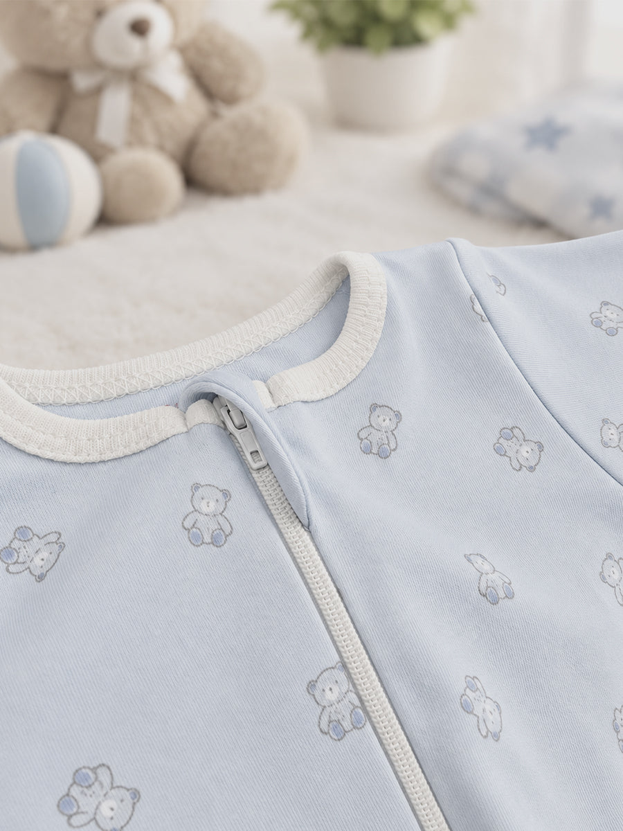 Ziva Baby Sleepsuit with Cap – Powder Blue Tiny Teddy Print | Premium Knitted Cotton | Front Zip | Fold-Over Mittens & Integrated Booties