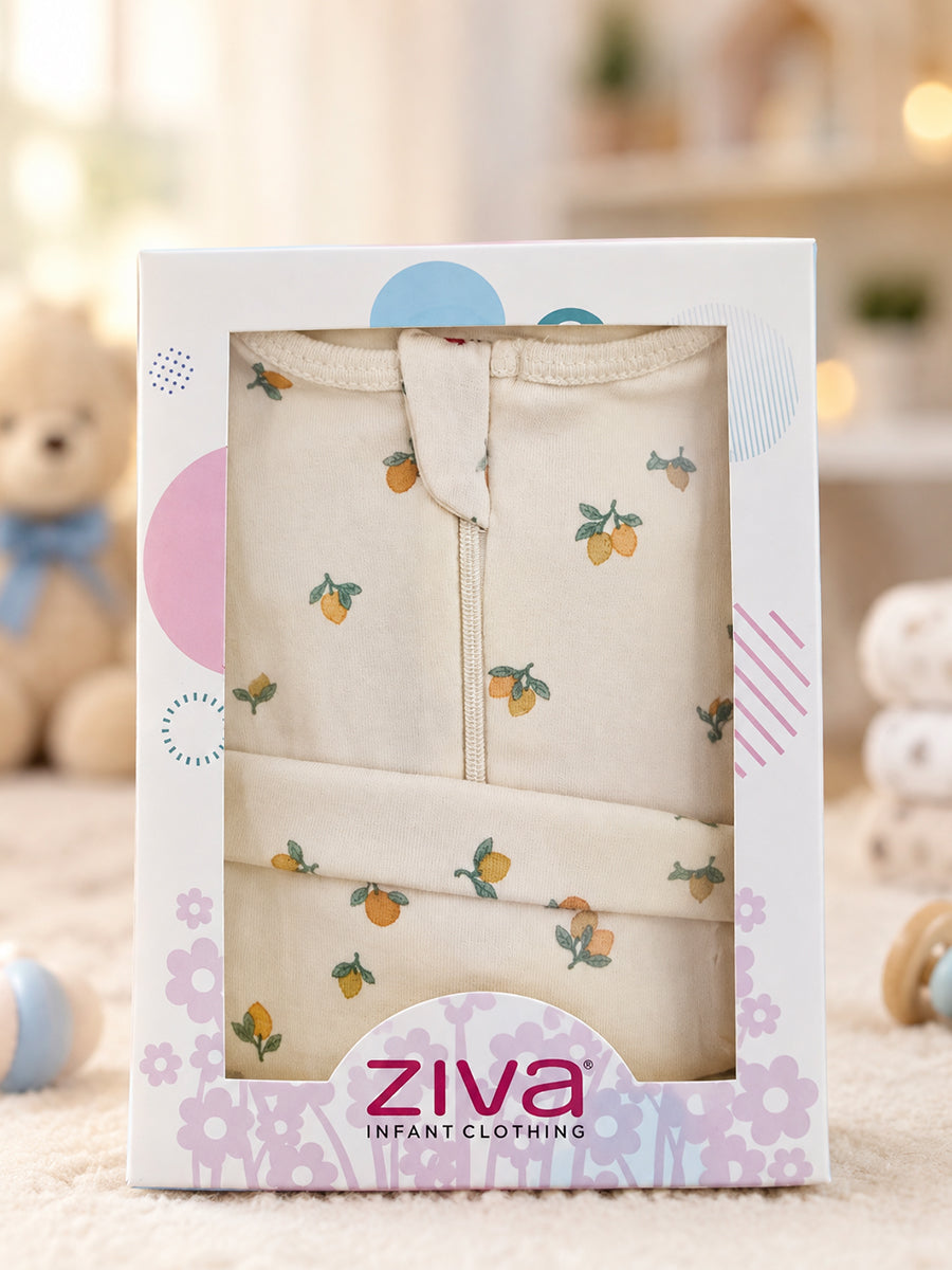 Ziva Baby Sleepsuit with Cap – Off White Tiny Orange Fruit Print | Premium Knitted Cotton | Front Zip | Fold-Over Mittens & Integrated Booties