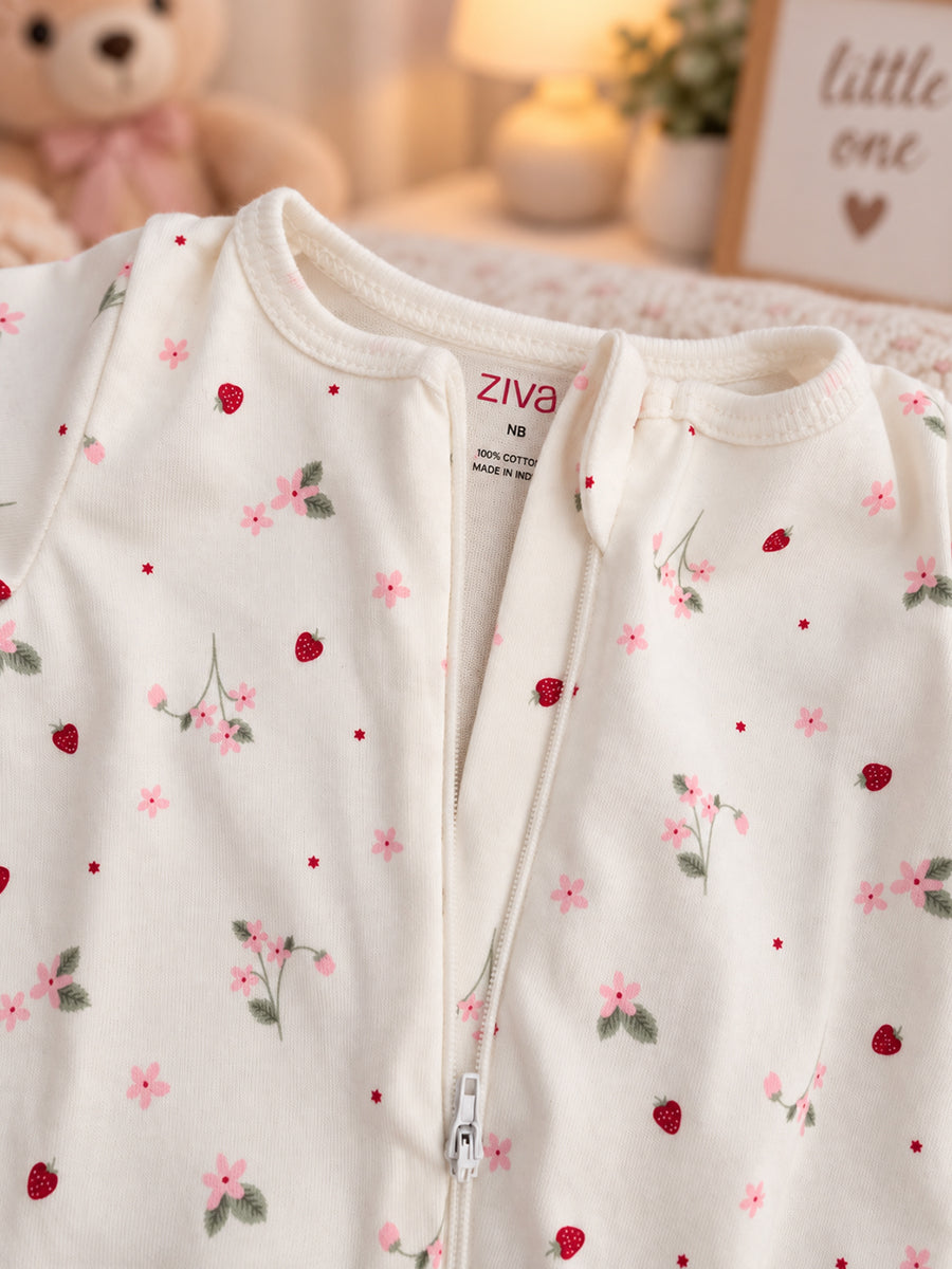 Ziva Baby Sleepsuit with Cap – Off White Tiny Strawberry Blossom Print | Premium Knitted Cotton | Front Zip | Fold-Over Mittens & Integrated Booties